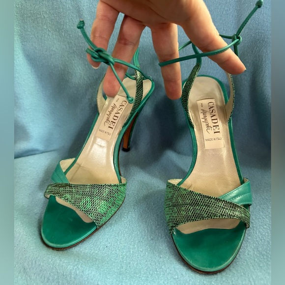 Casadei Teal Lizard skin/ leather open toe strappy heels - Picture 10 of 10